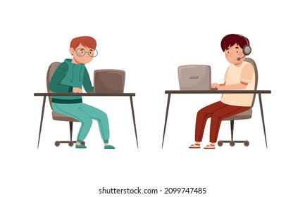 Teenage boys studying online and communicating with classmates via video conference on laptop computer. Distance education during quarantine cartoon vector illustration