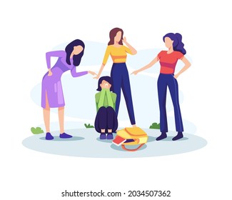 Teenage bullying concept illustration. Sad teenage girl sitting on floor surrounded by classmates mocking her. Vector in a flat style