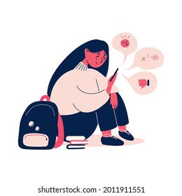 Teenage bullying. The girl is being bullied by schoolchildren. Cyberbullying of a person. The girl sits and cries from negative comments from society. Sadness, stress, anxiety. Vector flat illustratio