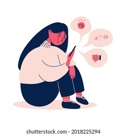 Teenage bullying. The girl is being bullied by schoolchildren. Cyberbullying of a person. The girl sits and cries from negative comments from society. Sadness, stress, anxiety. Flat illustration