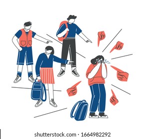 Teenage bullying. A group of negative people suppress sad, weeping children. The concept of discrimination and intimidation of the weak and victims of violence. Vector