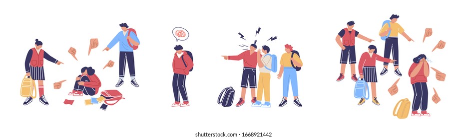 Teenage bullying. Group of negative people suppress the poor. The concept of discrimination and intimidation of the weak and victims of violence.  Suppression and harassment in the school environment