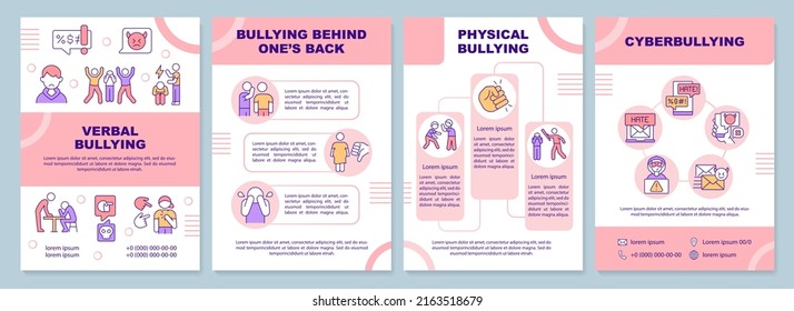 Plantilla de folleto rosa de bullying para adolescentes. Ciberacoso. Diseño del prospecto con iconos lineales. Editable 4 diseños vectoriales para presentación, informes anuales. Arial-Black, Myriad Pro-Regular fuentes utilizadas