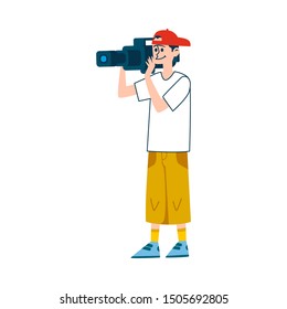 Teenage cameraman holding hand held video camera - operator man in casual clothes using filming equipment, amateur film crew member - isolated flat cartoon vector illustration