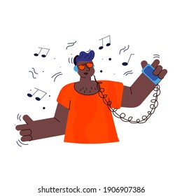 Teenage cartoon character listening to music from smartphone and smiling - cool young person in sunglasses and headphones enjoying a song. Flat isolated vector illustration