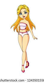 Teenage cartoon girl with blonde hair, wearing white underwear. 