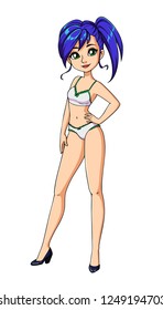 Teenage cartoon girl with blue hair, wearing white underwear. Hand drawn vector illustration. Can be used for paper doll, coloring book, mobilegames etc. 