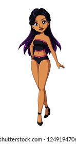 1249194706. Teenage cartoon girl with purple hair, wearing black underwear....