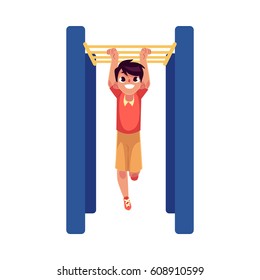 Teenage Caucasian boy climbing, hanging on monkey bars at the playground, cartoon vector illustration isolated on white background. Boy climbing monkey bars, having fun at the playground