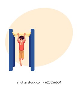 Teenage Caucasian boy climbing, hanging on monkey bars at the playground, cartoon vector illustration with place for text. Boy climbing monkey bars, having fun at the playground