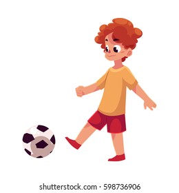 Teenage Caucasian boy kicking football ball, cartoon vector illustration isolated on white background. Boy playing football, kicking ball, having fun at the playground