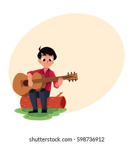 Teenage Caucasian boy playing guitar sitting on a log, camping, hiking concept, cartoon vector illustration with place for text. Boy scout, tourist playing guitar in camping