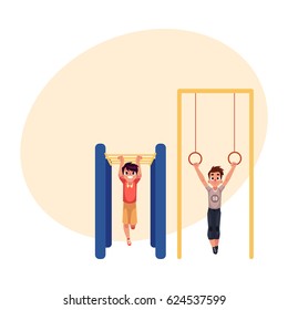 Teenage Caucasian Boys Hanging On Gymnastic Rings And Monkey Bars At The Playground, Cartoon Vector Illustration With Place For Text. Boys Doing Gymnastic Exercises At The Playground