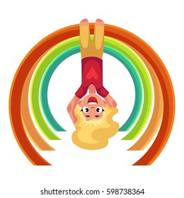 Teenage Caucasian girl hanging hanging on monkey bars at the playground, cartoon vector illustration isolated on white background. Girl hanging upside down on monkey bars, having fun at the playground