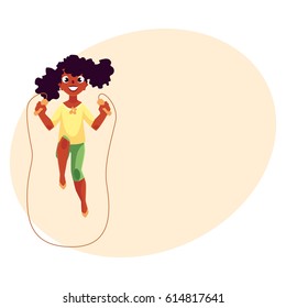 Teenage Caucasian girl playing with jumping rope at the playground, cartoon vector illustration with space for your text. Girl spinning jumping rope, having fun at the playground