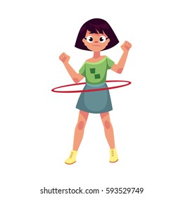 Teenage Caucasian girl spinning, playing with hula hoop, cartoon vector illustration isolated on white background. Girl with hula hoop, having fun at the playground