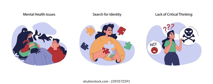 Teenage challenges set. Facing emotional turmoil, quest for self-discovery, and dangers of ignorance. Mental struggles, personal journey, decision-making confusion. Flat vector illustration