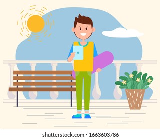Teenage character with cell phone or tablet in hands in summer. Student with smartphone and skating board outdoors. Place with wooden bench and decorative plants in pot, vector in flat style