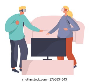Teenage Characters or Family using a VR Headset and Experiencing Virtual Reality.Friends Wearing a Virtual Relaity Headset.Hi Tech Characters.Flat Vector Illustration