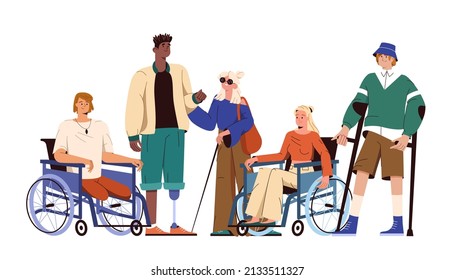 Teenage characters on wheelchair and crutches. Man with amputee and prosthetic leg support blind girl. Group of young people or friends in modern clothing with special needs. Flat vector illustration.