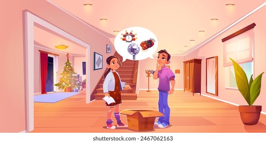 Teenage children in hallway room with package. House inside interior with boy and girl in lobby near staircase. Open box in hall on parquet floor. Large corridor with closet, mirror and stairs design