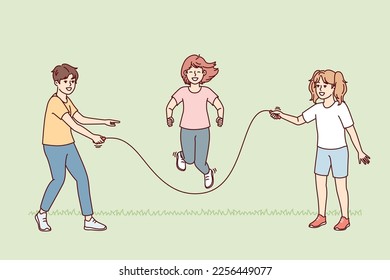 Teenage children stand on lawn jumping rope relaxing during summer vacation or day off. Metaphors of happy childhood with healthy outdoor games and physical activities. Flat vector design 