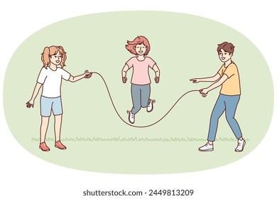 Teenage children stand on lawn jumping rope relaxing during summer vacation or day off. Metaphors of happy childhood with healthy outdoor games and physical activities. Flat vector design