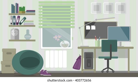 Teenage colourful home workspace with window .