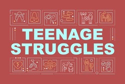 Teenage concerns word concepts red banner. Acne and social issues. Infographics with editable icons on color background. Isolated typography. Vector illustration with text. Arial-Black font used