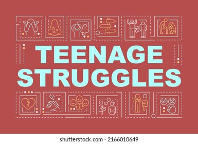 Teenage concerns word concepts red banner. Acne and social issues. Infographics with editable icons on color background. Isolated typography. Vector illustration with text. Arial-Black font used