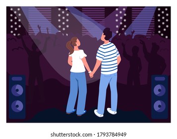 Teenage couple in club flat color vector illustration. Party in concert hall. Weekend fun entertainment for creative date idea. Friends 2D cartoon characters with crowd on background