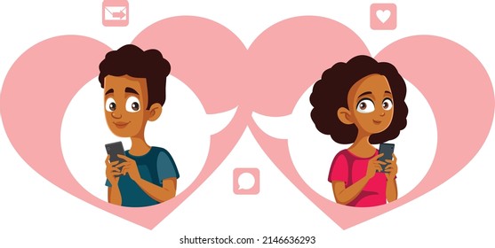 
Teenage Couple Exchanging Love Texts Vector Cartoon Illustration. Boy and girl chatting online on social media developing romantic feelings for each other
