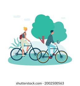 Teenage couple riding bicycles together in summer park isolated on white background. Young man and woman traveling by bike - flat vector illustration.