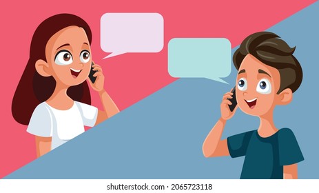 Teenage Couple Talking On The Phone Vector Cartoon Illustration. Boyfriend And Girlfriend Having A Conversation On The Telephone
