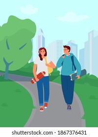 Teenage Couple Walking In Park Holding Skateboard And Penny Board. Vector Illustration.