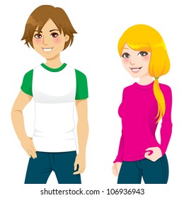 Teenage couple wearing white t-shirt and pink long sleeve tshirt