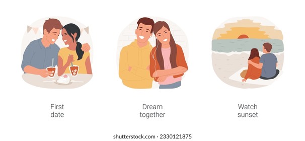 Teenage dating isolated cartoon vector illustration set. Teen couple having date in restaurant, boy and girl looking eye to eye, listening music and dreaming, teenagers watch sunset vector cartoon.