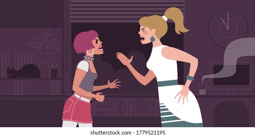 Niña adolescente discutiendo con su madre. Escena de la vida de la gente. Ilustración vectorial de diseño plano.