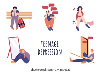 Teenage Depression Concept. Set Of Teens In Stressful Situations - Bulliyng, Stress At School, Broking Heart, Family Quarrels, Anxiety. Vector Flat Cartoon Illustration