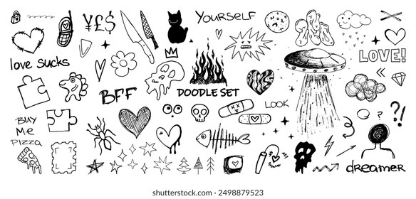 Teenage doodles, scribble drawings, collage of drawings of depressive mood in a teenage style. Concept of emo drawings in a notebook. Elements drawn by hand. Scribble and doodles set by pen. Vector