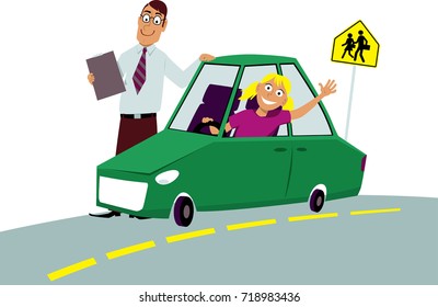 Teenage driving school student sitting in the car driving instructor standing next to him, EPS 8 vector illustration