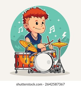 Teenage Drummer Playing Full Drum Set