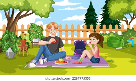 Teenage Enjoying Picnic Outdoor Scene illustration