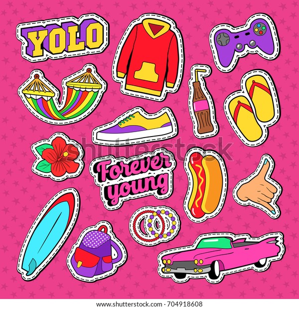 Teenage Fashion\
Stickers, Badges and Patches with Pink Car, Hands and Accessories.\
Vector illustration