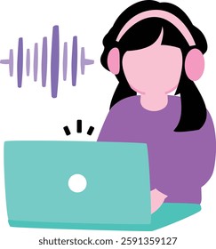 Teenage female broadcaster: An influencer editing videos for elementary school students to high school students_A faceless illustration of a girl wearing a computer and headphones