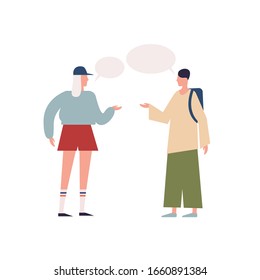 Teenage female and hipster male backpacker talking with speech bubbles vector flat illustration. Cartoon characters discussing together isolated on white. People enjoying communication