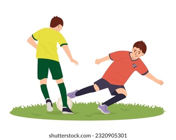 Teenage football players from different teams kick a soccer ball. Football competition. Children's athletes play football championship Kid sportsmans train dynamically Cartoon vector flat illustration