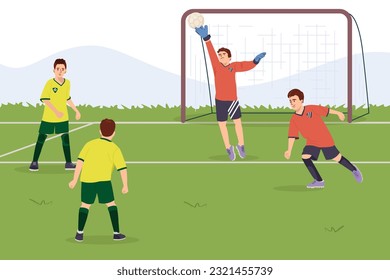 Teenage football players from different teams kick a soccer ball. Football competition. Children's athletes play football championship Goalkeeper catches the ball. Cartoon vector flat illustration