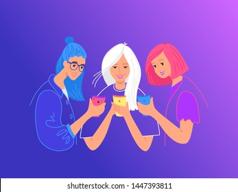 Teenage friends using smartphones concept flat vector illustration. Young tree girls showing each other smartphone for reading comment and sharing meme. Young smiling people holding mobile smart phone