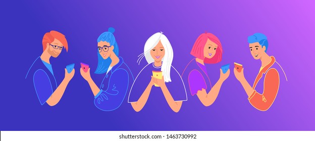 Teenage friends using smartphones concept flat vector illustration. Young tree girls using smartphone for texting, leaving comments and sharing memes. Young smiling people holding mobile smart phone